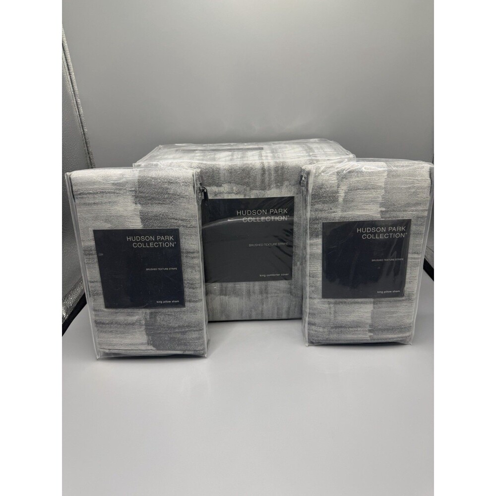 Hudson Park Collection Brushed Texture Stripe KING Duvet Cover + 2 KING Sham New